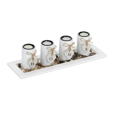 Image of Relaxdays Tea Light, Set with Tray &amp; Stones, 39.5 cm Long, Decorative, Living Dining Room, Candle Holder, White, Fibreboard, 10 x 13