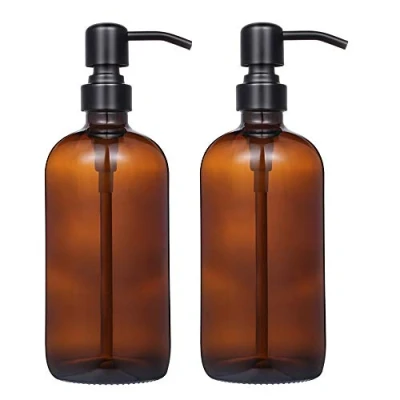 Image of 2 Pack Thick Amber Glass Pint Jar Soap Dispenser with Matte Black Stainless Steel Pump, 16ounce Boston Round Bottles Rustproof Pump for Essential Oil, Lotion
