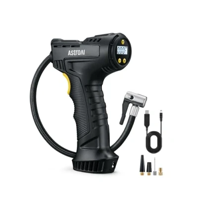 Image of AstroAI Car Tyre Inflator Air Compressor, USB Rechargeable Battery Cordless Inflator, 150PSI Portable Handheld Pump Digital with LED Light and 4 Adaptors for Car, Motorcycle Bike, Ball