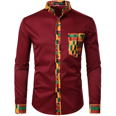 Image of PARKLEES Men&#039;s African Dashiki Tribal Graphic Patchwork Long Sleeve Printed Grandad Collar Shirt PZZCL46 Burgundy XXL