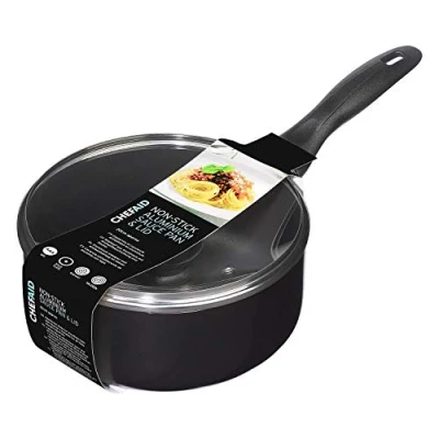 Image of Chef Aid Sauce Pan, 20 cm Aluminium Pan with Glass Lid and Stay Cool Handle, Built in Ventilation Steam Vent, for Use On Electric Ceramic Hobs, Black
