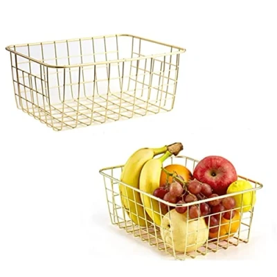 Image of Wire Storage Basket, Organize Living Room Kitchen Bathroom Basket (2 Pieces，gold)