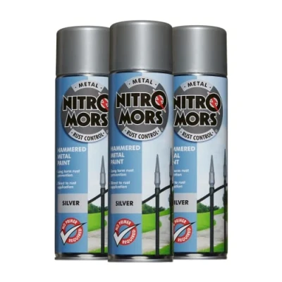 Image of Nitromors Hammered Finish Metal Paint Silver 500ml Aerosol 3 Pack Protection Against Rust and Corrosion Superior Coverage NOH500