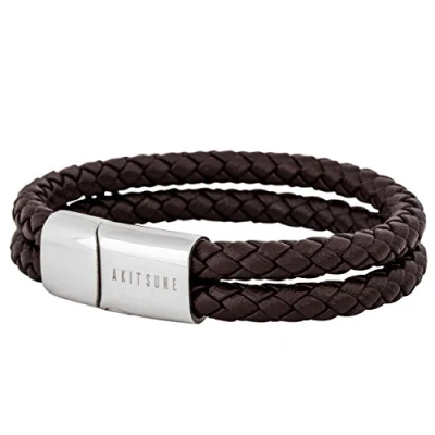 Image of Akitsune Simplicitas Leather Bracelet Magnetic Link Bangle Trinket Premium Women Men Braided Handmade Silver Brown 20cm
