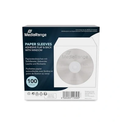 Image of MediaRange 100 Pack CD Paper Sleeves with Window and Adhesive Flap Flipside