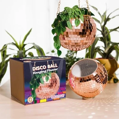 Image of Bubblegum Stuff Rose Gold Disco Ball Hanging Planter Basket For Indoor Plants, Chain, Rim, Herb Planter, Plant Pots Room Decor 8 inch