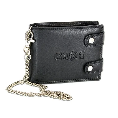 Image of Genuine Leather Wallet for Men Bikerwallet CA$H with Chain Black &amp; Brown …