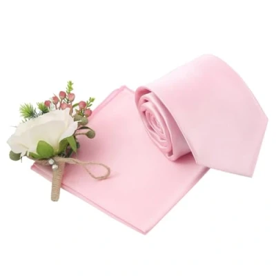 Image of DQT Plain Glossy Satin Polyester Wedding Classic Neck Tie and Pocket Square Set for Men in Baby Pink