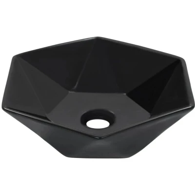 Image of vidaXL Ceramic Wash Basin Hexagon Shaped, Black, High Gloss, Stylish Design, Easy to Clean, Ideal for Bathroom/Washroom/Cloakroom/