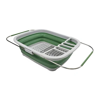 Image of SAMMART 8L Expandable &amp; Collapsible Plastic Dish Drainer Foldable Drying Rack Portable Dinnerware Organizer Space Saving Kitchen Storage Tray (Grey/Dark Sea Green, 1)