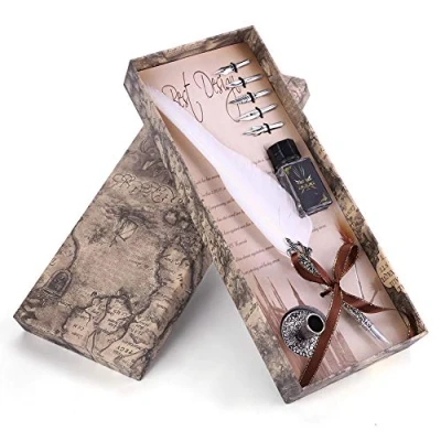 Image of ciciglow Feather Pen,Classical Retro Fountain Pen Dip Quill And Ink Set Gift Box For Christmas Valentine Calligraphy Beginners(Vintage white)