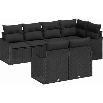 Image of vidaXL 7 Piece Garden Sofa Set with Cushions Black Poly Rattan
