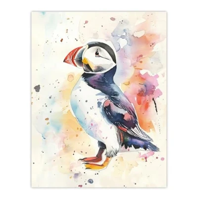 Image of Artery8 Cute Puffin Bird Colourful Watercolour Portrait Living Room Large Wall Art Poster Print Thick Paper 18X24 Inch