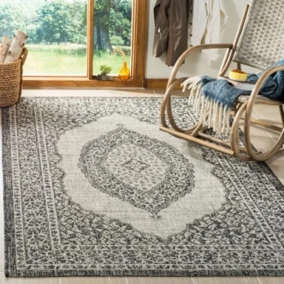 Image of SAFAVIEH Contemporary Rug for Indoor &amp; Outdoor Courtyard Collection, Short Pile, in Light Grey and Black color, 122 X 170 cm