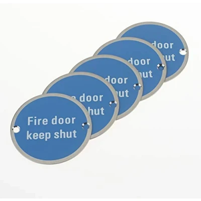 Image of Fire Door Keep Shut Safety Sign Metal Stainless Round 76x1.5mm Disc with 2 Screws, Pack of 5 (5)
