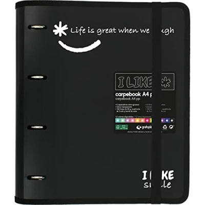 Image of Grafoplás 88101810. 4 Ring Binder with Refill, A4, Black, Semi Rigid Polypropylene, includes Dividers, Carpebook Like