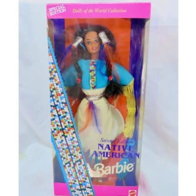 Image of Special Edition Barbie 1993 Dolls of the World 12 Inch Doll Collection Second Native American with Dress, Boots, Ring, Earrings, Brush and Stand