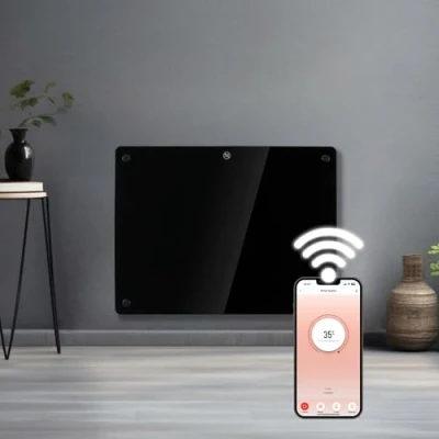 Image of Futura 1000W Black Glass WIFI Smart App Control Electric Radiator Heaters for Home, Bathroom Safe Heater Setback Timer Lot 20 &amp; Advanced Thermostat Wall Mounted or Floor Standing