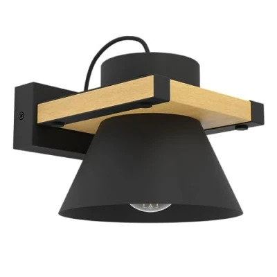 Image of Eglo Wall Light Fixture Maccles, Wooden Indoor lamp, FSC100HB, Living Room and Hallway Lighting, Spotlight Made of Black Metal Natural Wood, E27 Socket