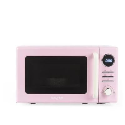 Image of Salter Retro Digital Pink Microwave 20 Litre, Defrost by Time/Weight, 25.5 cm Glass Turntable, 95 Minute Timer, 8 Auto Cooking Presets, Solo Oven, Easy Clean, Button/Dial Control, 800W