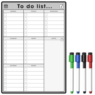 Image of TMS Magnetic To Do List and Weekly Planner A4 Organise Your Chores, Housework, Office Business Tasks with Our Dry Wipe Boards! Comes 4 Erase Pens (Grey, A4)