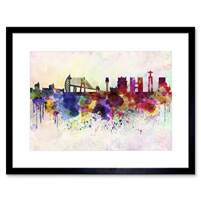 Image of Wee Blue Coo Painting Cityscape Paint Splash Skyline Lisbon Framed Wall Art Print
