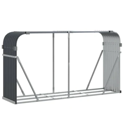 Image of vidaXL Galvanised Steel Log Holder Firewood Rack Anthracite, Outdoor/Indoor Wood Storage, Ventilated, Wall Mount Hooks
