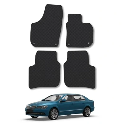 Image of Rubber Car Mats Compatible with Skoda Superb (2008 2015) Tailored Fit Floor Set Accessory Black Custom 4 Pieces Clips Anti Slip Backing, Heavy Duty &amp; Waterproof