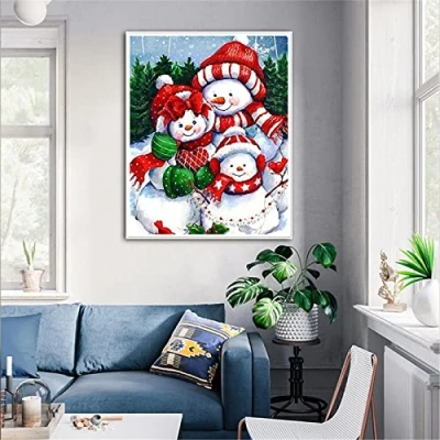 Image of 5D Diamond Painting Winter Snowman DIY Kits for Adults/Kids, Art Embroidery Cross Stitch, Living Room Bedroom Wall Decor Round Drill 25x35cm(10x14inch)