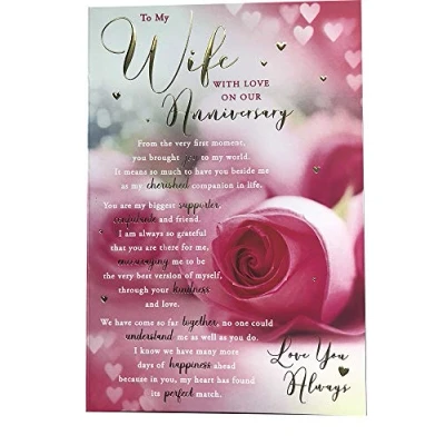 Image of to My Wife with Love Pink Rose &amp; Hearts Sentiments Anniversary Card Lovely Verse