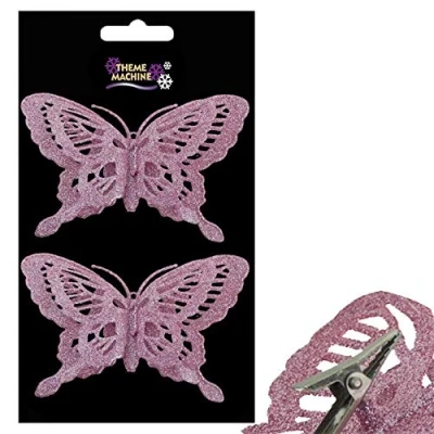 Image of Christmas 2 Pack Clip on Glitter Butterfly Tree Decoration Pink