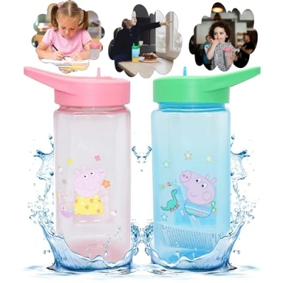Image of SRV Hub 2X Water Bottles with Straw 420ml, 16cm Plastic Bottle Square BPA Free Sipper for Kids 6+ Months (Peppa and George Pig)
