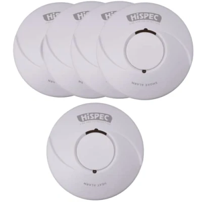 Image of HiSPEC Smoke Alarms Heat Detectors and CO Fire Safety Kits: Fully Compliant to 2022 Scottish Legislation (4 / 1 Heat)