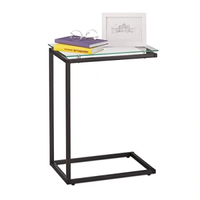 Image of Relaxdays Side Table, C shape, Industrial Design, H x W D: approx. 61 30 45 cm, Glass &amp; Metal, Black