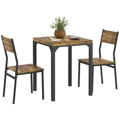 Image of HOMCOM 3 Pieces Compact Dining Table 2 Chairs Set Wooden Metal Legs Bistro Cafe Kitchen Breakfast Bar Home Furniture, Rustic Brown