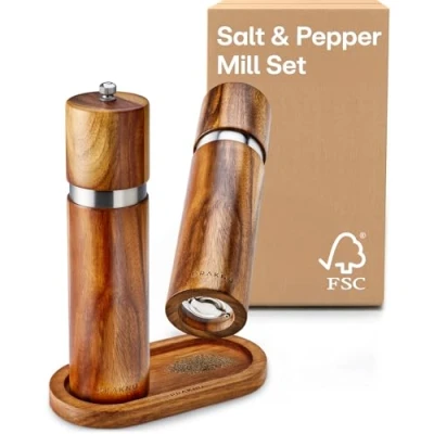 Image of Salt and Pepper Mill Set with Tray Made from FSC® Acacia Wood Durable Ceramic Grinder Plastic Free