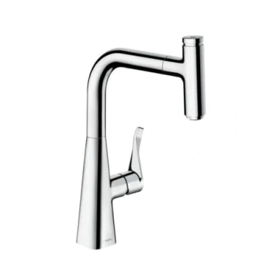 Image of hansgrohe Metris Select M71 kitchen tap with pull out spray, 1 sink spout height 240 mm, mixer swivel spout, chrome, 14857000