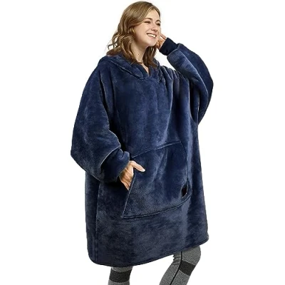 Image of Kato Tirrinia Oversized Hoodie Blanket, Warm Gifts for Women Men, Fluffy Sherpa Wearable Hooded Sweatshirt Giant Hoodies Sweater with Front Pocket Adults Friends, Dark Blue