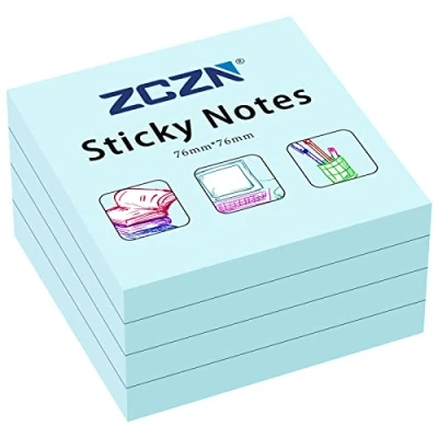 Image of ZCZN 76 x mm Sticky Notes, 100 Sheets/Pad, 4 Pads, Light Blue