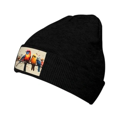 Image of Colorful Bird Printed Beanie Hat Men Women, Warm Skull Knit Cap,Black, Black, One size