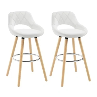 Image of WOLTU Breakfast Kitchen Counter Bar Stools Set of 2 pcs Faux Leather Seat Chairs Wood Legs Barstools White High