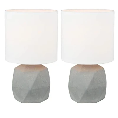 Image of firstchoicelighting Set of 2 Concrete Table Lamps or Bedside Lights, Modern Design Lamps, White Fabric Shade, 27cm Height, LED Compatible