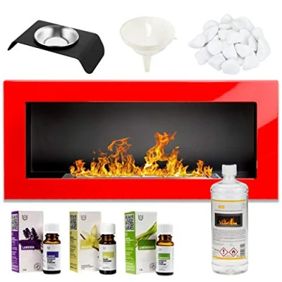 Image of GMT Bioethanol Eco Smokeless Fireplace Red Gloss 90x40cm Indoor Decorative Wall mounted or recessed Fire Heater Chimney Modern Frame Design Easy to Mount with Bio Liquid Fuel Stones Aroma Oils