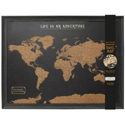 Image of Splosh Large Maps. World Map Pin Board in Grey, Wooden Frame. Cork with 100 Pins 2 Colours to Mark Your Past and Future Adventures. Framed Maps for Wall. (Black)