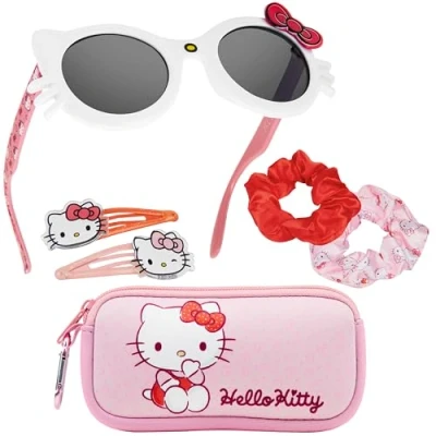 Image of Get Trend Hello Kitty Sunglasses Hair Accessories Set Girls Kawaii Clips Scrunchie Carry Case 100% UV Protection Travel Holidays Anime Gifts (Pink Kitty)