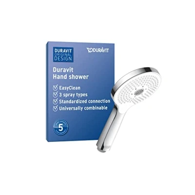 Image of Duravit Universal Shower Head, Handheld Head with 3jet Types (Rain, Pulse, Mono), Round (Ø 120 mm), Easy to Clean, Chrome/White