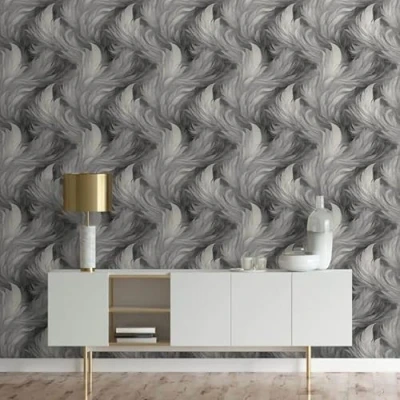Image of WE Plumes Realistic Wavy Feather Black and Grey Pastel Wallpaper 217503