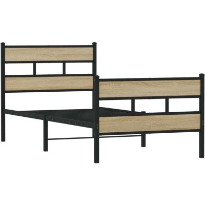 Image of vidaXL Metal Bed Frame without Mattress Sonoma Oak Finish, 90x200 cm, Industrial Style, Iron &amp; Engineered Wood