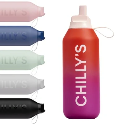 Image of Chilly&#039;s Series 2 Flip Water Bottle with Sports Lid, Telescopic Straw and Nylon Carry Loop Easy Cleaning Brush Included 500ml Endless Horizon
