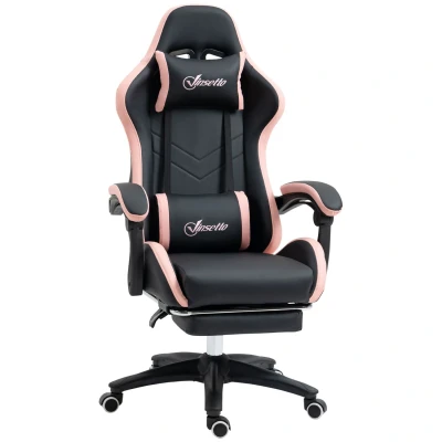 Image of Vinsetto Computer Gaming Chair, PU Leather Desk Chair with Footrest, Swivel Task 135 Reclining Back and Lumbar Support, PC for Adults, Black Pink